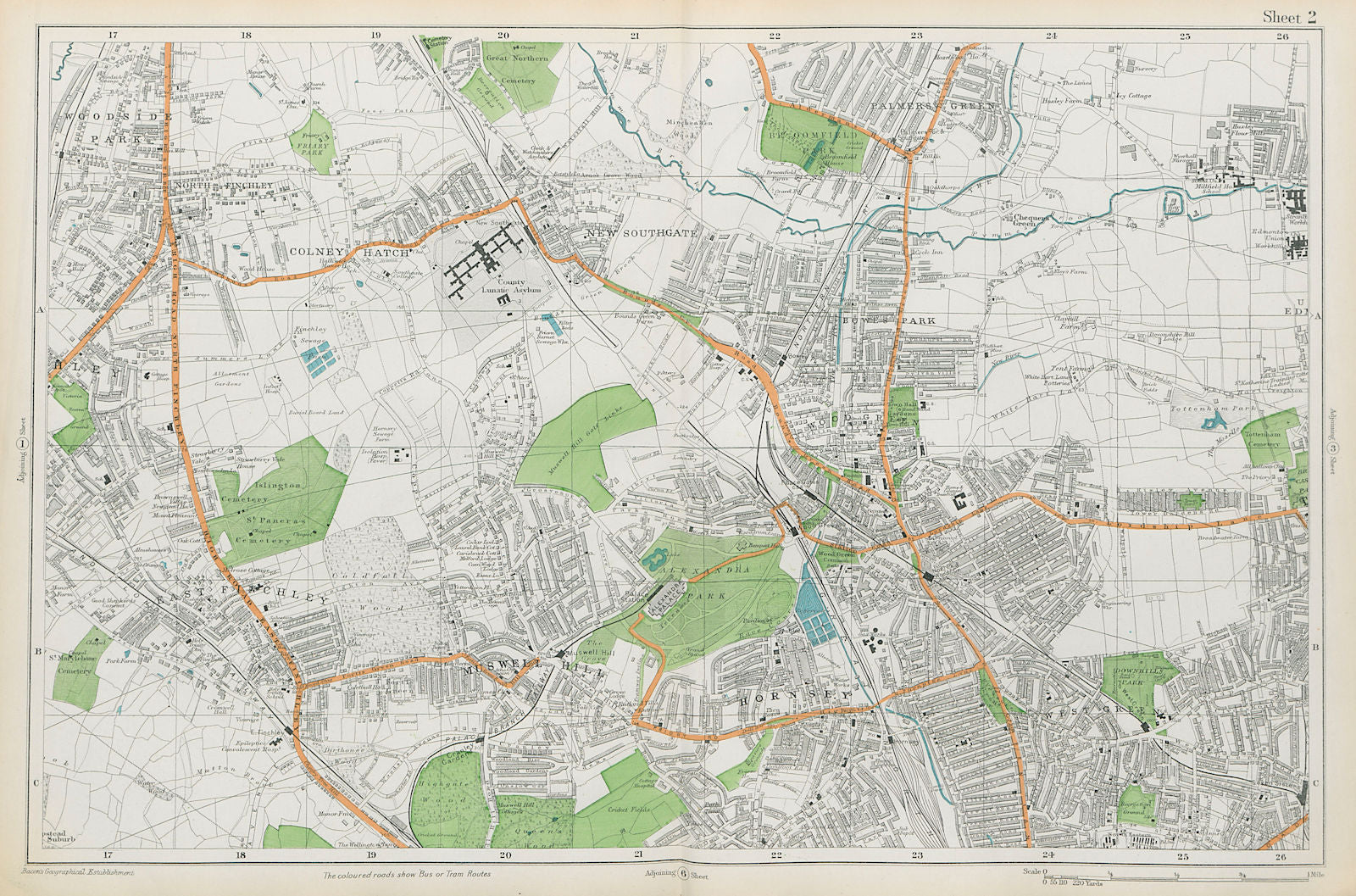 FRIERN BARNET/HORNSEY Palmers/Wood Green Southgate Muswell Hill. BACON  1913 map